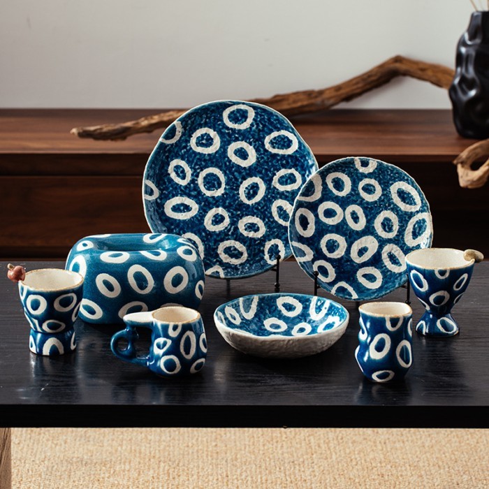 Retro Blue Ceramic Cup And Saucer Hand-painted Coffee Cup Creative Japanese Niche Dinner Plate Cup C