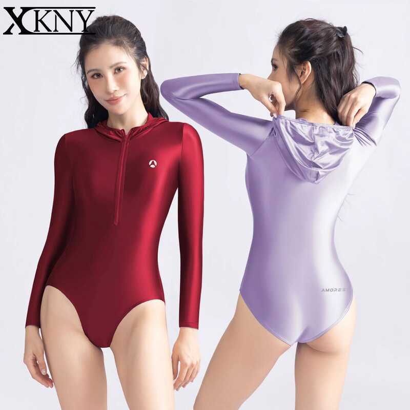 C AMORESY Satin Glossy Tights Long-Sleeved Front Double Zipper Tight Hooded Swimwear Bodysuit