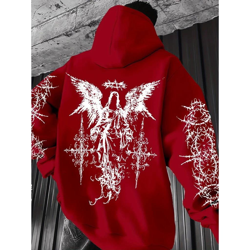 ใหม่ Gothic Fallen Angel Graphic Hoodie, Dark Streetwear Pullover Sweatshirt, Y2K Casual Top
