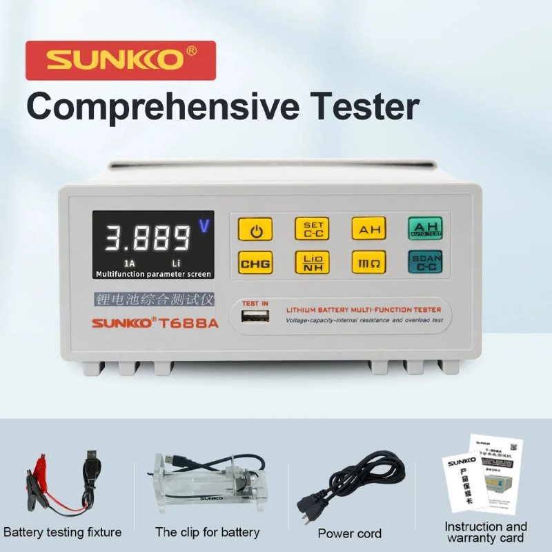 SUNKKO T-688A 18650 Lithium Battery Capacity Tester for Voltage Capacity Internal Resistance and Ov