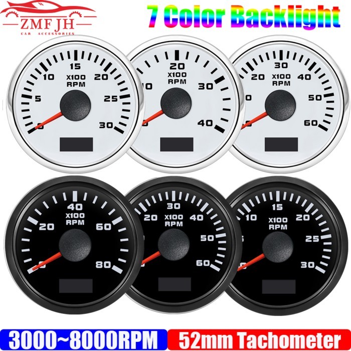 2" 52mm Tachometer 7 Color Light 3000,4000,6000,7000,8000 RPM Meter Hourmeter for Marine Boat Car 1