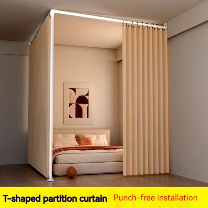 L-Shape No-Drill Partition Curtain  | Custom Horizontal Rods + 2.1-3.1m Adjustable Height | Light-B