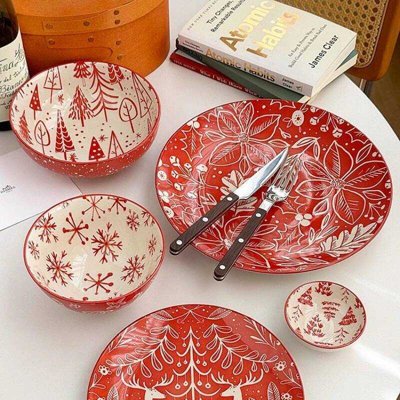 C Christmas Red Ceramic Tab Bowls Plates Set Christmas Atmosphere Bowls Plates Breakfast Dessert Bo