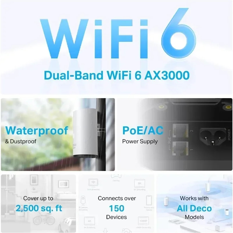 NEW.Deco Outdoor Mesh WiFi (Deco X50-Outdoor), AX3000 Dual Band WiFi 6 Mesh, 2 Gigabit PoE Ports, 8