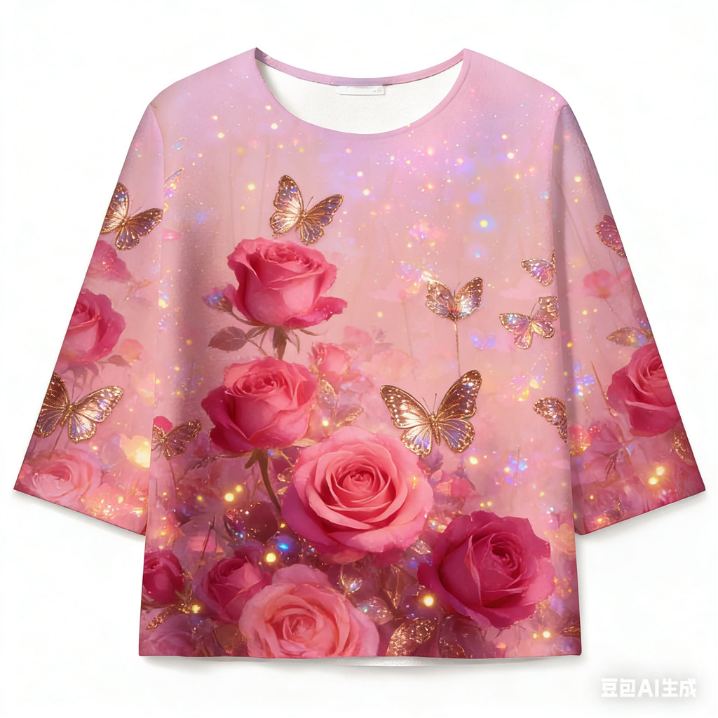 เสื้อเบลาส์ครึ่งแขนโรแมนติก พิมพ์ลายดอกไม้และผีเสื้อ พร้อมความระยิบระยับ สีสันอ่อนโยน เหมาะสำหรับสวมใส่ทุกวัน