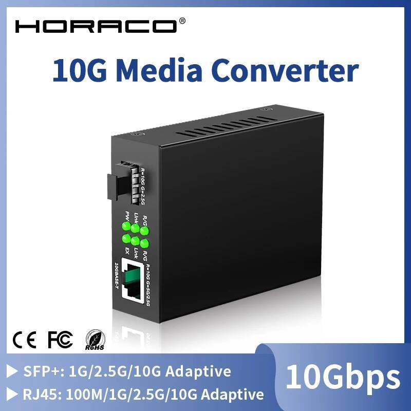 HORACO 10G SFP + เส้นใย RJ45 Media Converter RJ45 ถึง SFP + 10/100/1000 M/2.5G/10G Ethernet Converte