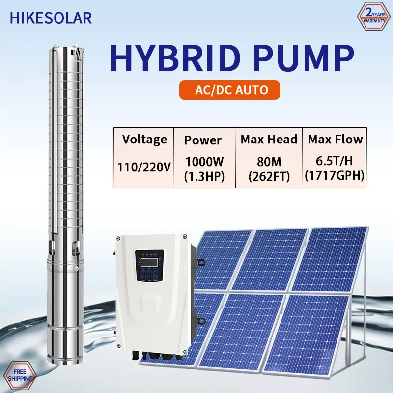 Hybrid 3" AC DC Solar Submersible Well Water Pump Powered 1.3HP BLDC Motor Irrigation Well Football