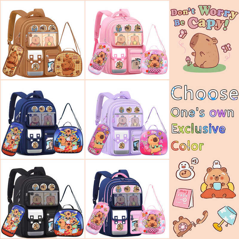 Temu กระเป๋ารุ่น Kapibara สำหรับนักเรียน ประกอบด้วยสามชิ้น กระเป๋าเป้สะพายหลังน่ารัก และมีระบบกันน้ํ