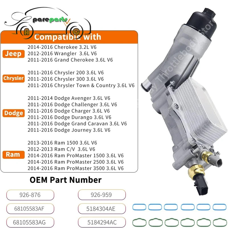 For Jeep Cherokee 3.6L V6 Engine Oil Cooler Oil Filter Housing Adapter 68105583AF Chrysler 200 300