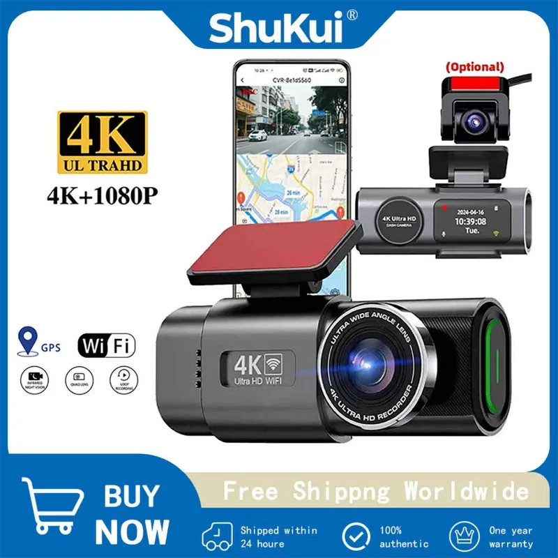 Dash Cam Dual Lens 4K UHD Recorder with Night Vision, Built - in Wi - Fi and GPS for 24 - Hour Park