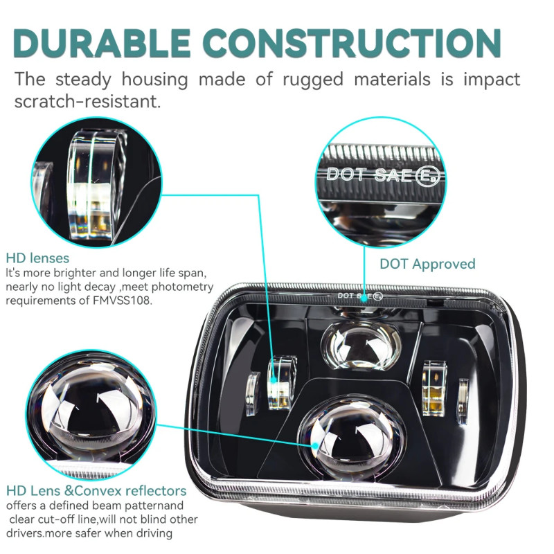 5x7 7x6 Led Headlights DRL Turn Signal Hi/Low Beam For Jeep Cherokee XJ Wrangler YJ Ford