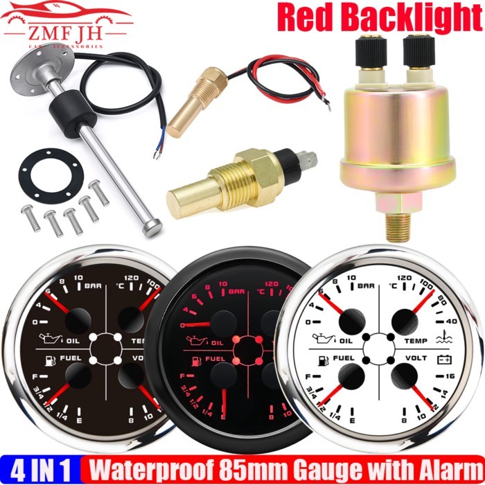 Red LED Pointer 85mm Gauge 0~10Bar Oil Pressure+Water Temp+Fuel Level Gauge+Voltmeter 0-190ohm Fuel