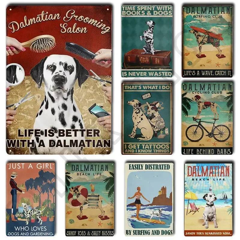 Dalmatian Dog Salon ป้ายดีบุกโลหะ Vintage ป้ายสําหรับ Sweet Home Pet Shop ห้องน้ํากาแฟ library Beach