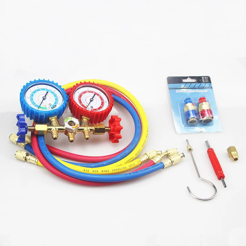 Car R134A R12 R22 R502 A/C Refrigerants Manifold Gauges Set Double Table Valve Charging Hose 90cm Q