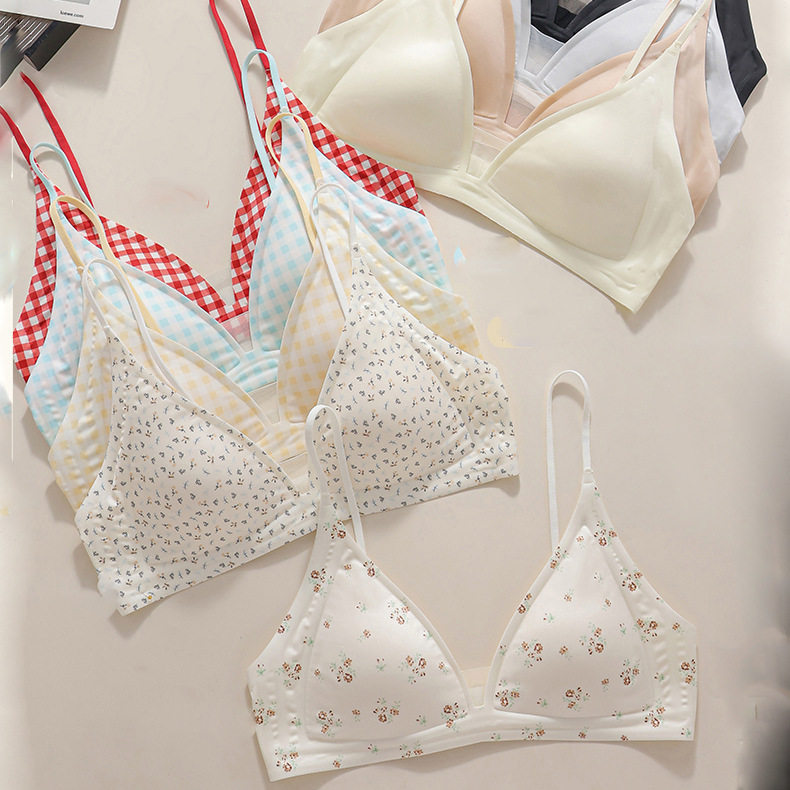 ชุดชั้นในสตรีแบบสามเหลี่ยม Plunge ไร้สาย - ถ้วยบางไร้รอยต่อ ในสไตล์ Gingham และ Floral