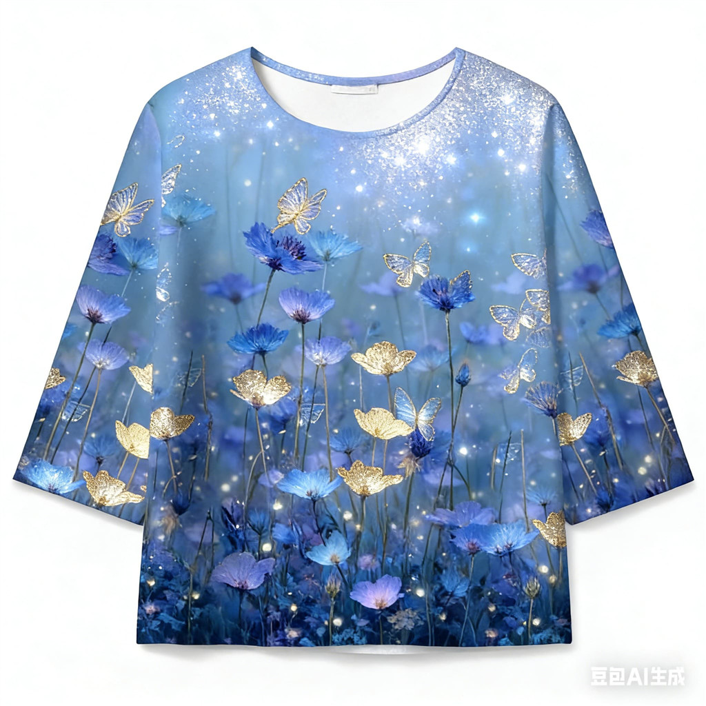 เบลาส์ครึ่งแขนพิมพ์ลายดอกไม้และผีเสื้อ สีไล่โทนนุ่มนวลและประกายเล็ก ๆ สำหรับสวมใส่ประจำวันอย่างหรูหรา
