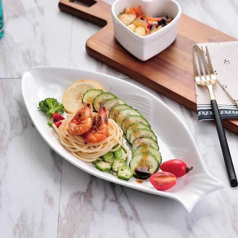 C Steamed Fish Restaurant Home Kitchen Tableware Porcelain Fish Plates With Gold-Rimmed Creative Fi