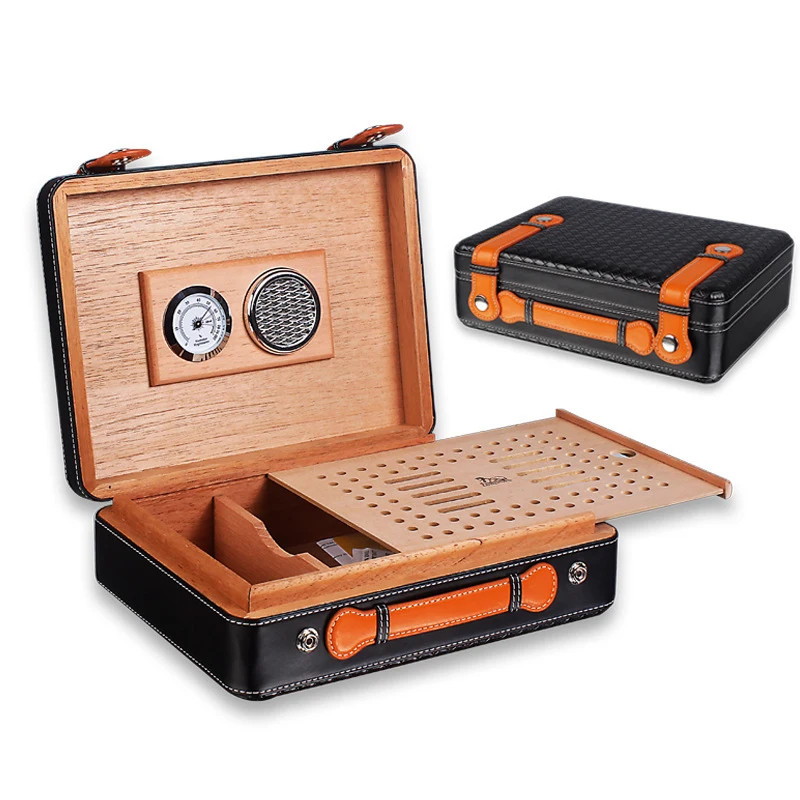 XJ-2004 Cigar Humidor Box Cedar Black Mat Check Leather Cigar Humidor Fashion Portable Cigar Cigare