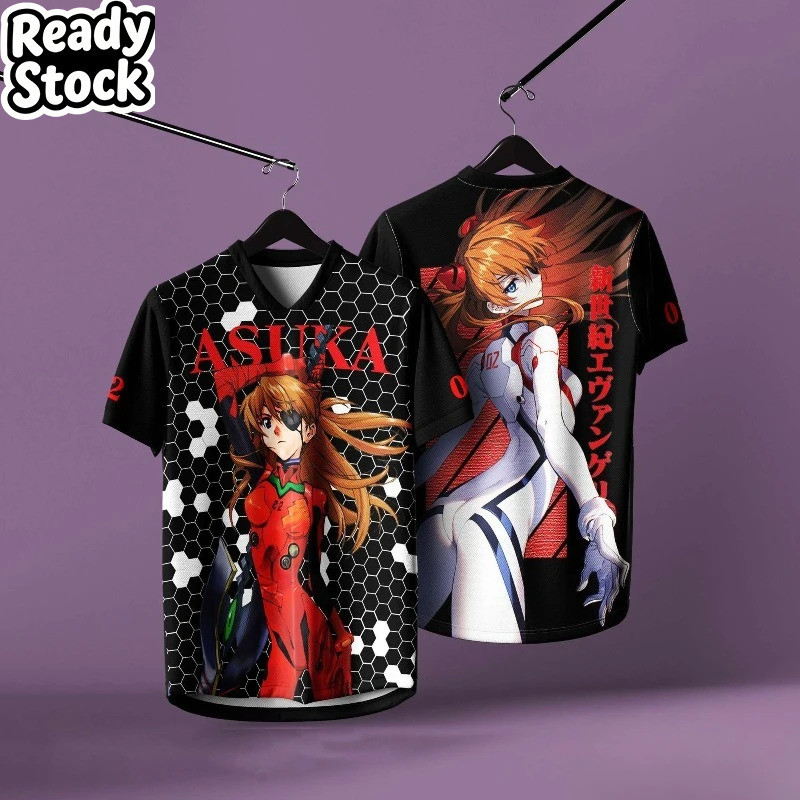 Bandai Anime Neon Genesis Evangelion Asuka Langley Soryu Print Men's T-shirt สำหรับใส่สบายทุกวันและเ