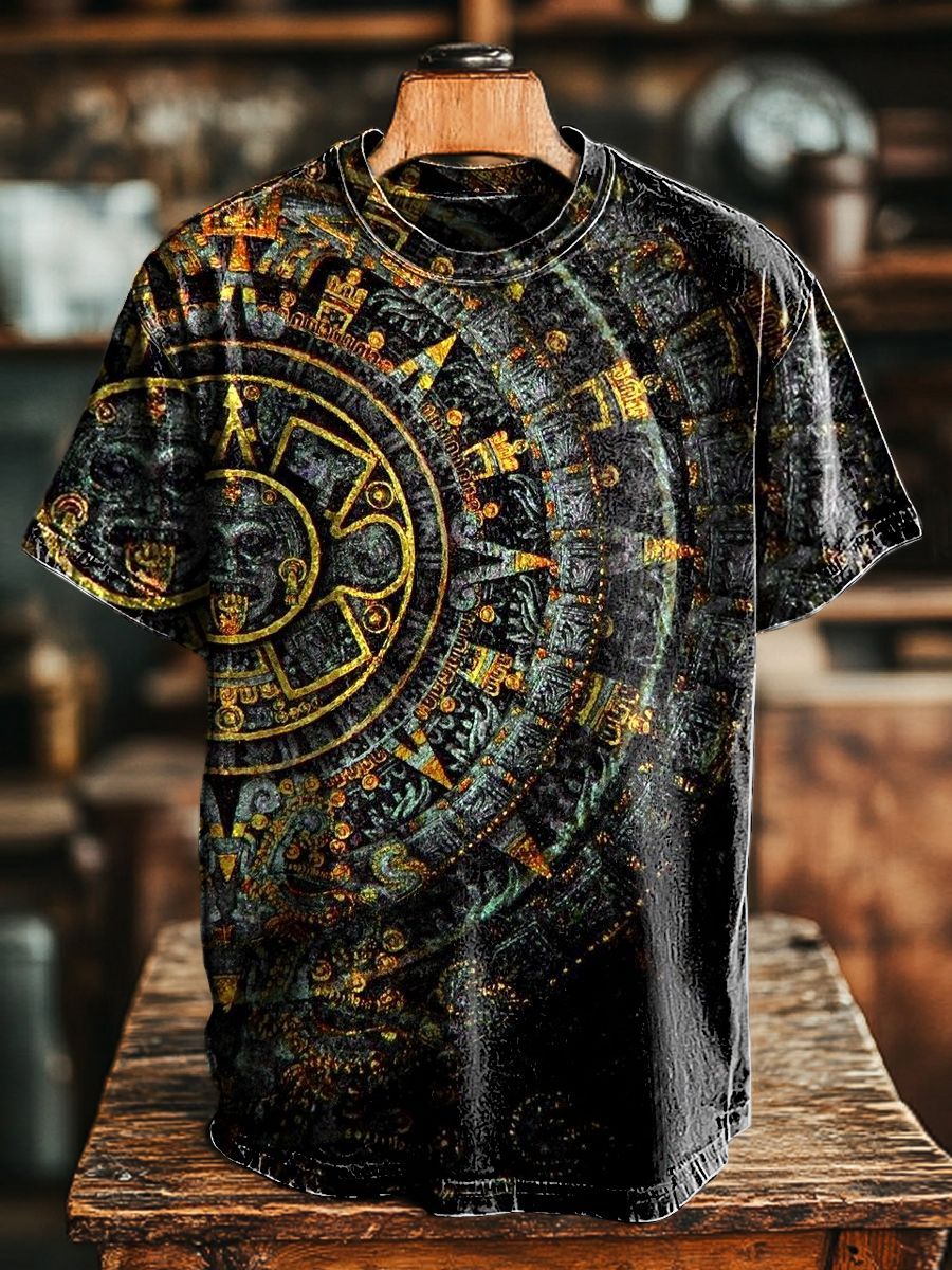 เสื้อยืดลำลองมีลาย Mandala Aztec Camo สำหรับผู้ชายวินเทจ