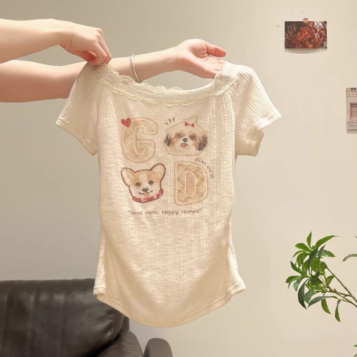เสื้อยืดผู้หญิงทรงกระชับเทรนด์ใหม่ พิมพ์ลายแอปริคอทสุนัข รูปที่ 8