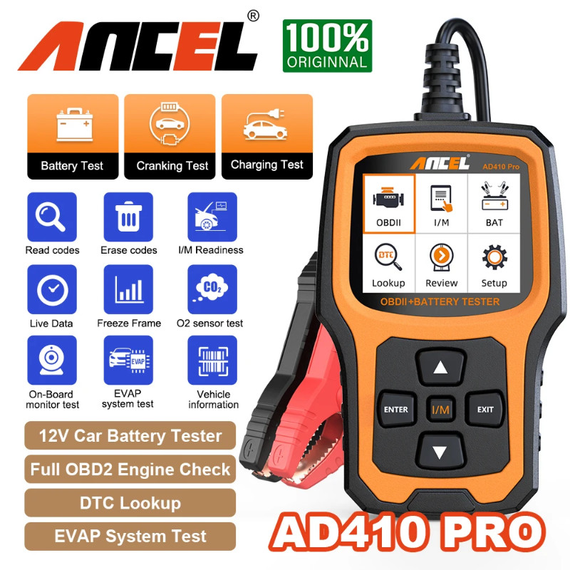 ANCEL AD410 PRO 6V/12V Car Battery Tester OBD2 Code Reader Engine Scan Tool Battery Analyzer OBDII