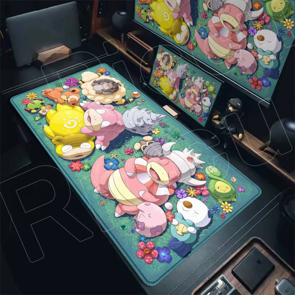 XXL ขนาดใหญ่ HD พิมพ์น่ารัก Pokemon Slowpoke แผ่นรองเมาส์พรมยางกันลื่นแผ่นรองโต๊ะสํานักงานน่ารักอะนิเมะล็อคขอบพรมสําหรับเล่นเกม