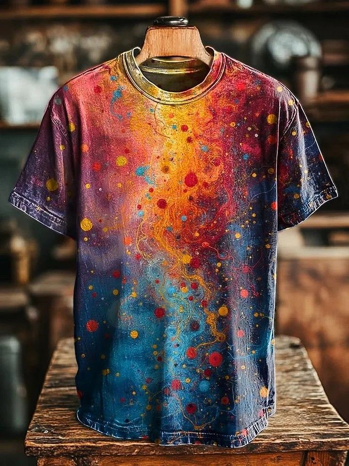 ใหม่ผู้ชาย Retro American Vintage Washed Tie-Dye Galaxy Rust พิมพ์เสื้อยืดลําลอง