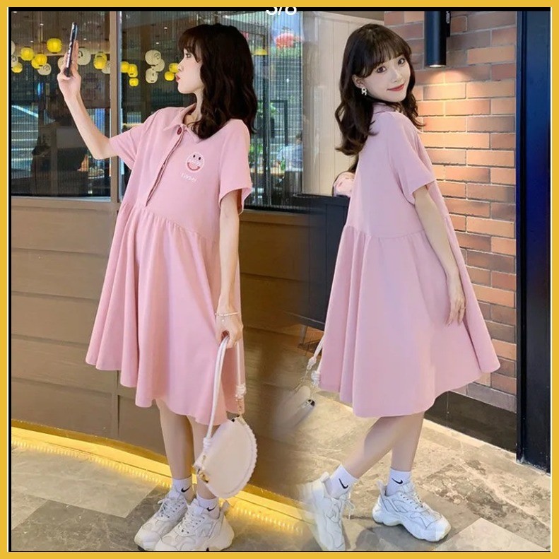 ️พร้อมส่ง ️S/4XL ชุดคลุมท้องสีชมพูพลัสไซส์ แขนสั้น เดรสสีขาว แขนพอง มีสไตล์ หลวม ผ้าใส่สบาย