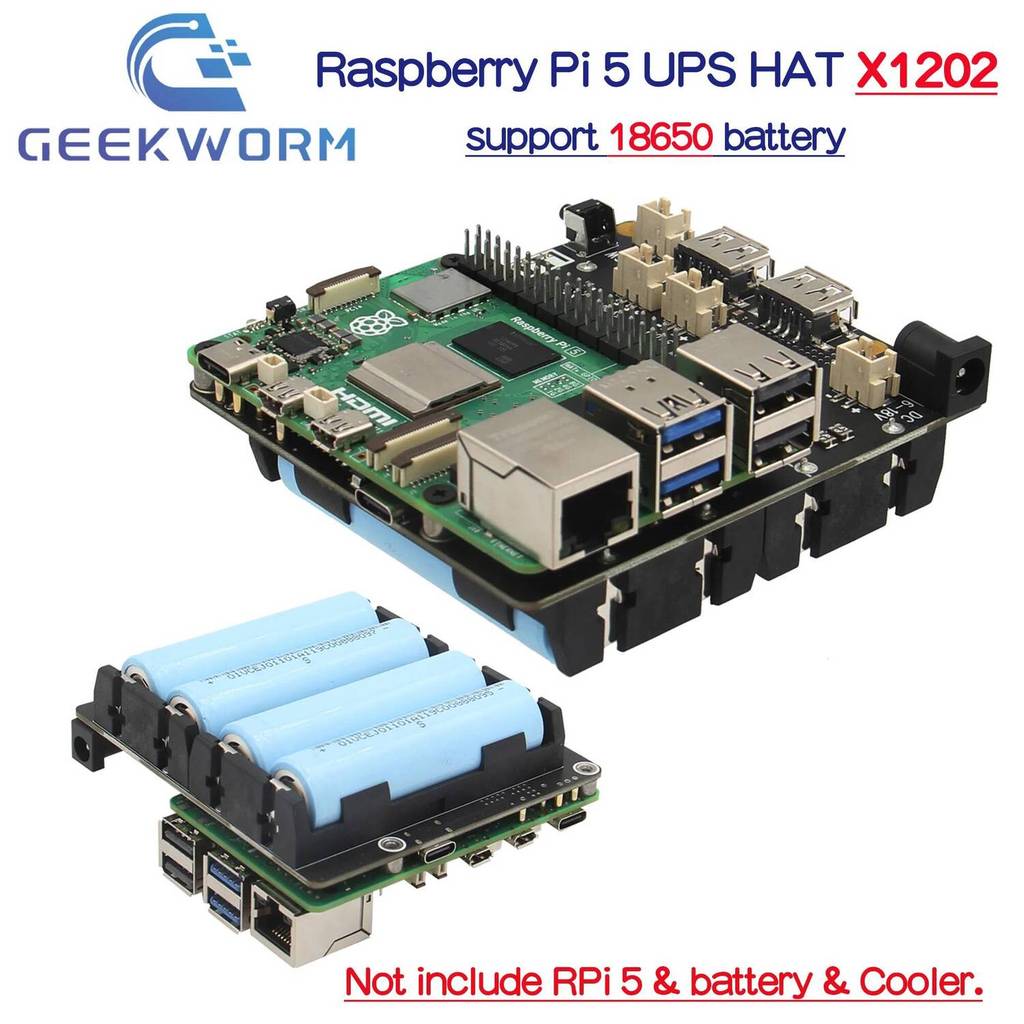 Geekworm X1202 บอร์ดจัดการ UPS & Power พร้อมตัวยึดแบตเตอรี่ 18650 4 เซลล์สําหรับ Raspberry Pi 5