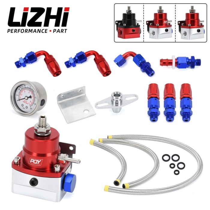 LIZHI - Universal Adjustable Fuel Pressure Regulator With Gauge+AN6 Fuel Line Hose+Fittings End Kit