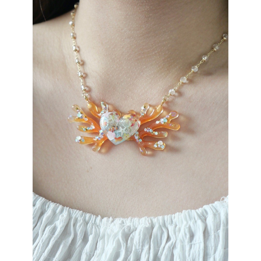 MIMEAR A624 สร้อยคอปะการังหัวใจปลาในทะเล Marine Coral Necklace เรซิ่นทำมือ 14K 42.5-49.5cm พร้อมกล่