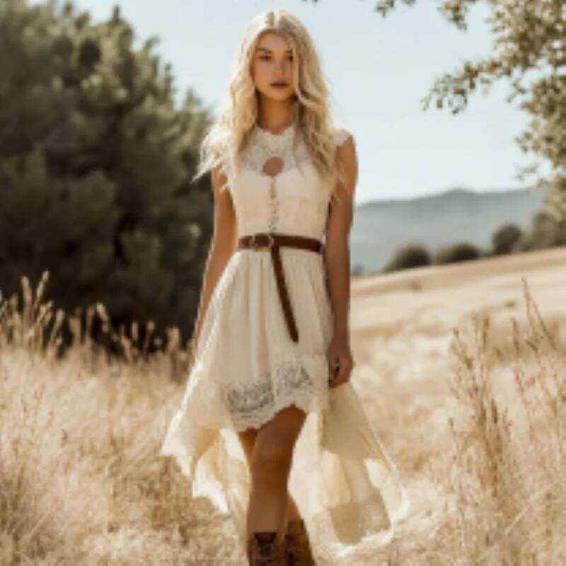 C 2025 Romantic Bohemian Midi Dress Lace Trim Sleeveless Summer Beach Wedding Guest Dress Elegant C