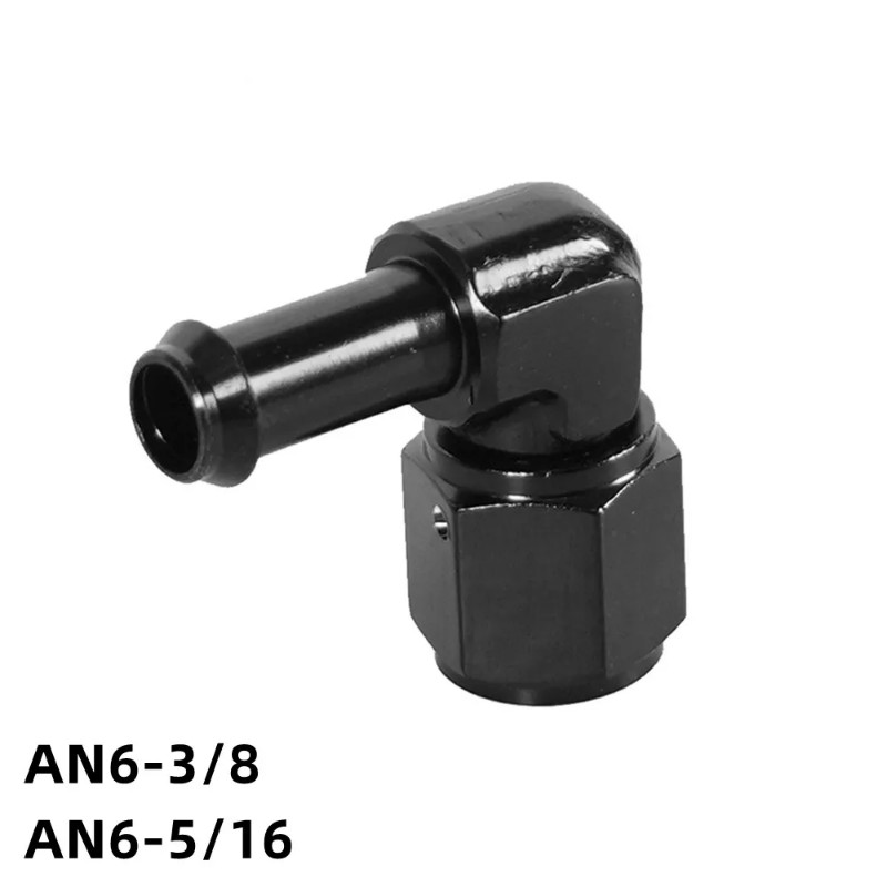 6AN Female to 5/16" and 3/8"  Barb Hose Fitting 90 Degree Swivel