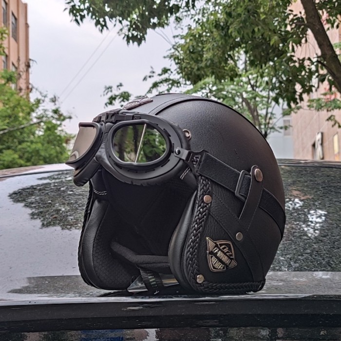 ORZ Retro Leather 3/4 Open Half Helmet Motorcycle Helmet Lightweight Adult Vantage Jet Helmet, DOT