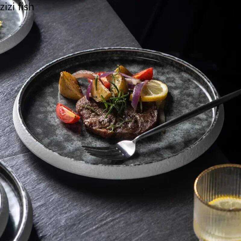 C Creative Circular Ceramic Flat Plate Steak Plate Pasta Plate Dessert Snack Plates Sushi Plates Re