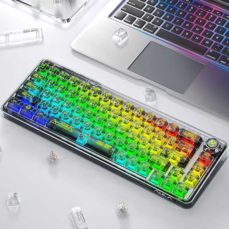 AULA/Tarantula F68 คีย์บอร์ดแบบกลไกโปร่งใสบลูทูธไร้สายสามโหมด RGB ปลั๊กร้อนที่กําหนดเอง