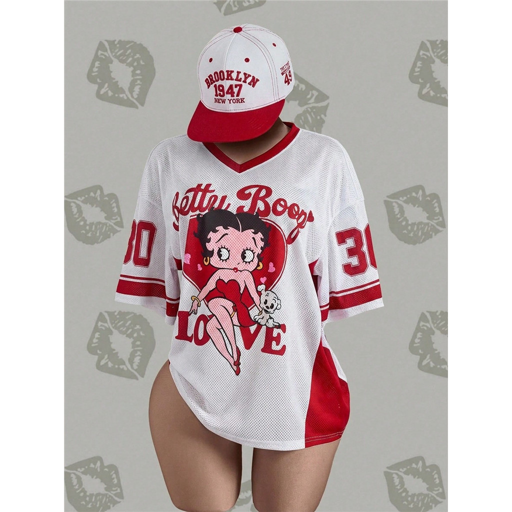 เสื้อยืดคอวีแขนสั้นผู้หญิงพลัสไซส์พิมพ์ลายการ์ตูนตัวอักษรเหมาะกับสวมใส่ในชีวิตประจําวัน
