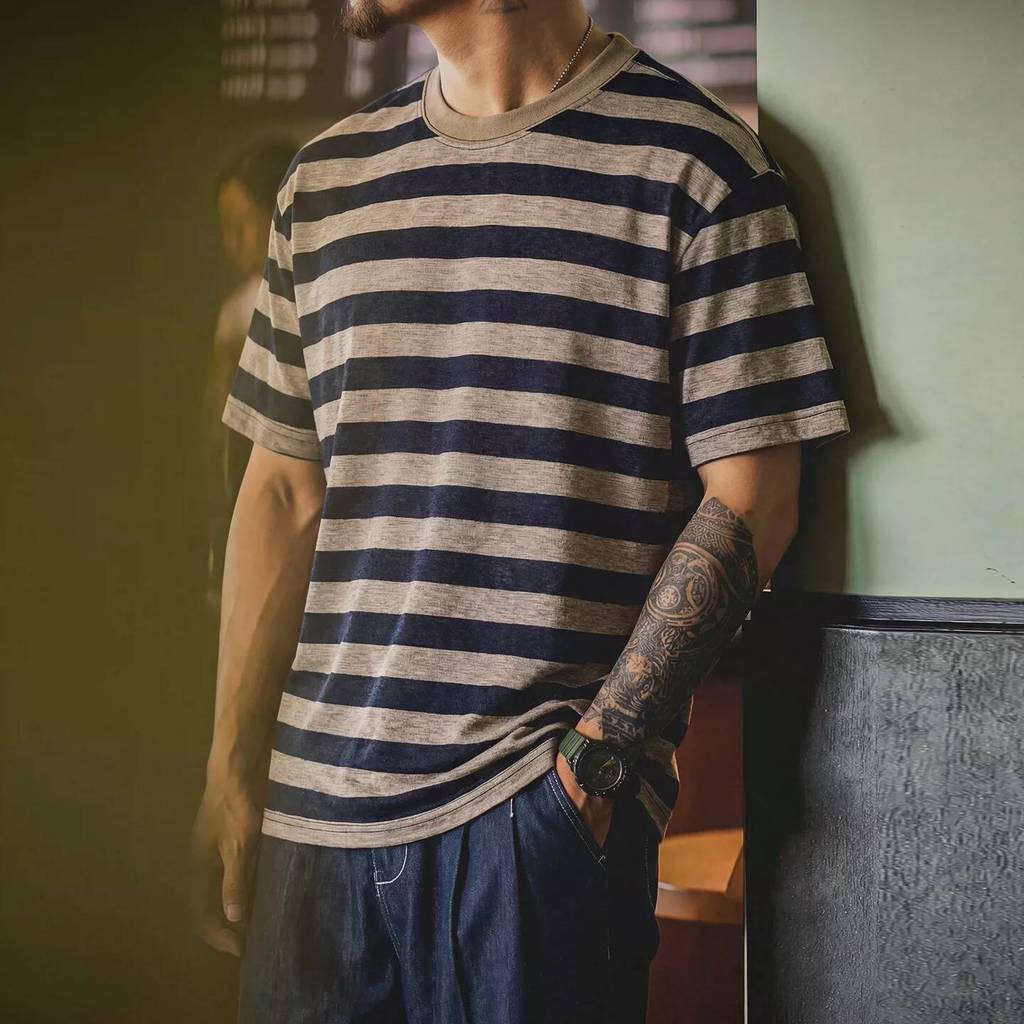 Wuluwear American Retro Lyocell Blended Striped เสื้อยืดผู้ชายฤดูร้อน Breathable หลวมขนาดใหญ่ Ami สีกากี Contrast สีแขนสั้น