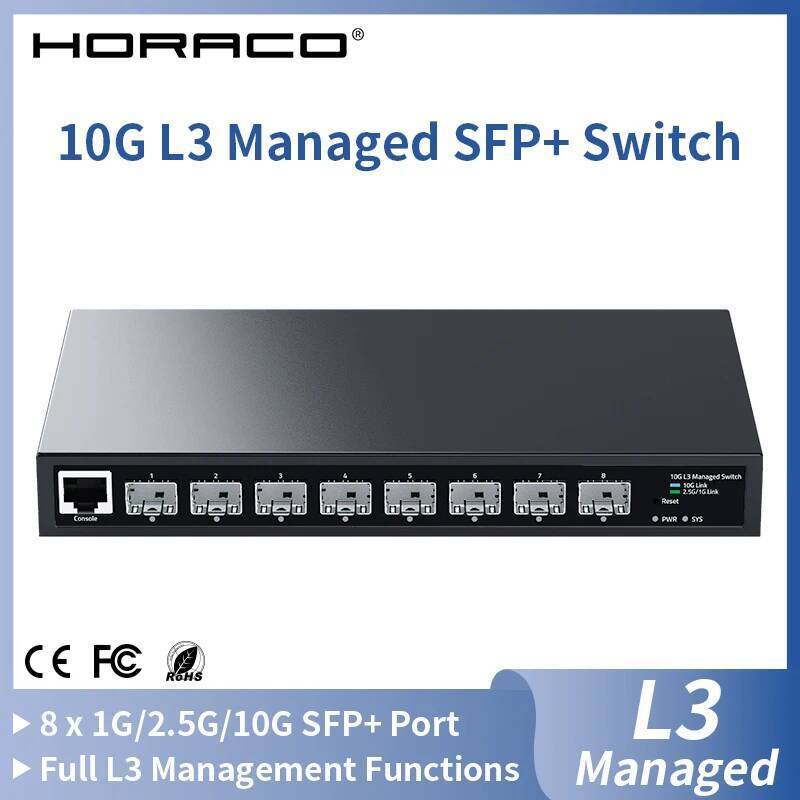 HORACO 10G L3 สวิตช์เครือข่าย SFP+ 8 พอร์ต 1G/2.5G/10G SFP Web Managed Home Lab Ethernet Switch พร้อ