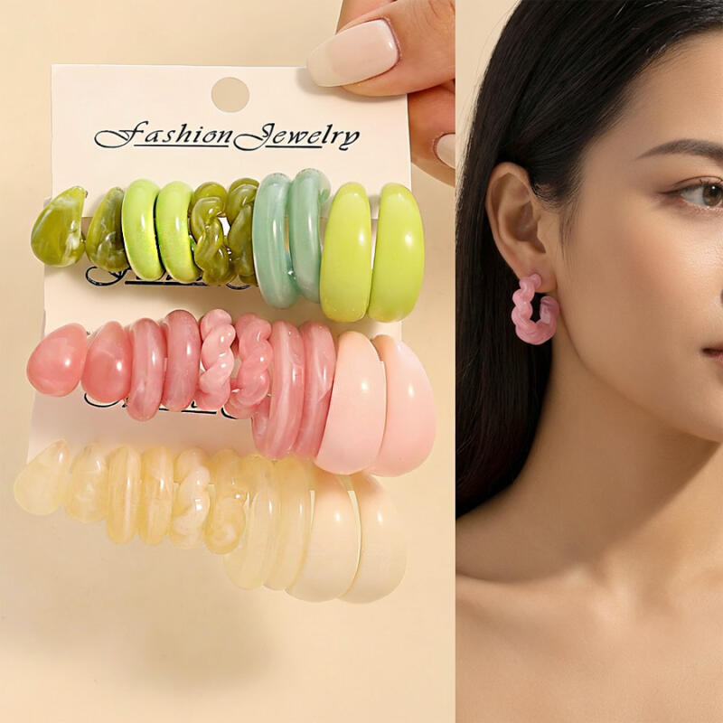 ชุดต่างหูอะคริลิค chunky hoop 10 ชิ้น/5 คู่ มัลติคอลอร์เรซิ่น เครื่องประดับแฟชั่นสำหรับงานปาร์ตี้และของขวัญ