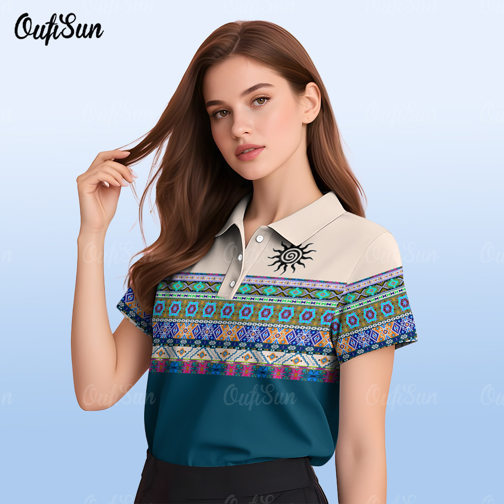 Retro เสื้อโปโลผู้หญิง 3D ระเหิดสีดําสีขาว Aztec Geometric Stripe Sun Totem แขนสั้นอินเทรนด์ 2026 ฟิ
