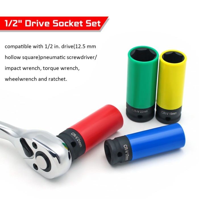1/2 Inch Drive Wheel Protector Impact Socket, Thin Wall Deep Impact Socket Set Plastic Sleeve Lug N
