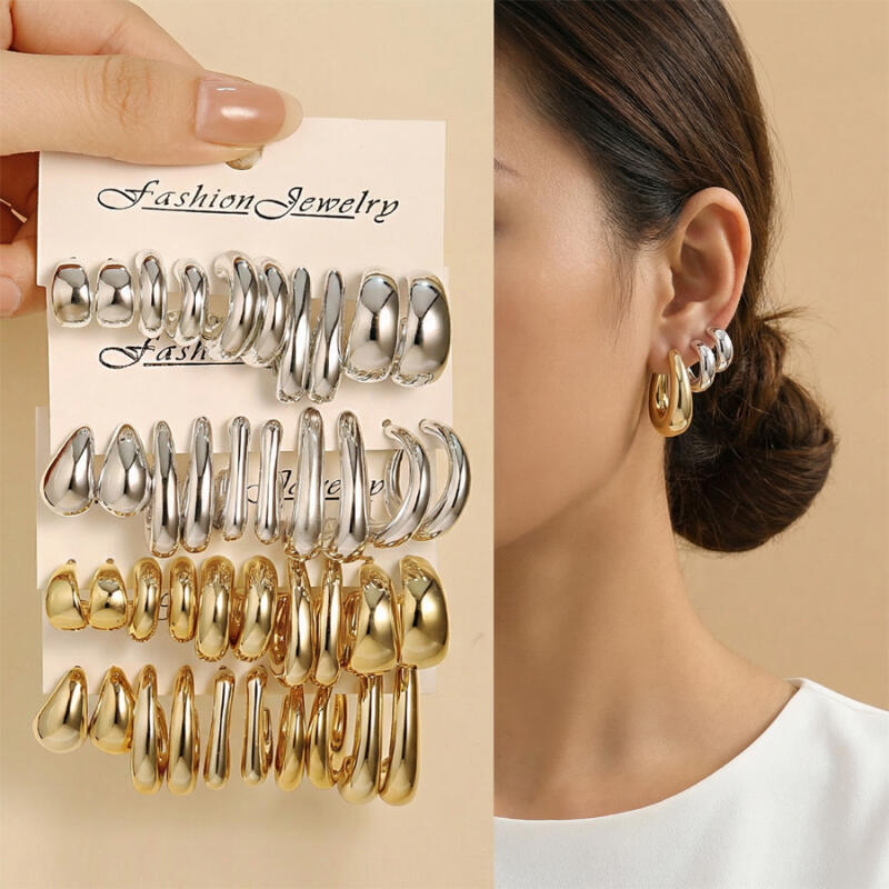 ชุดต่างหู Golden Silver Hoop ขนาด 5 คู่ ออกแบบ C-shaped สำหรับผู้หญิง พร้อมให้ความเก๋ไก๋ในทุกวัน และเป็นของขวัญที่เหมาะเจาะ