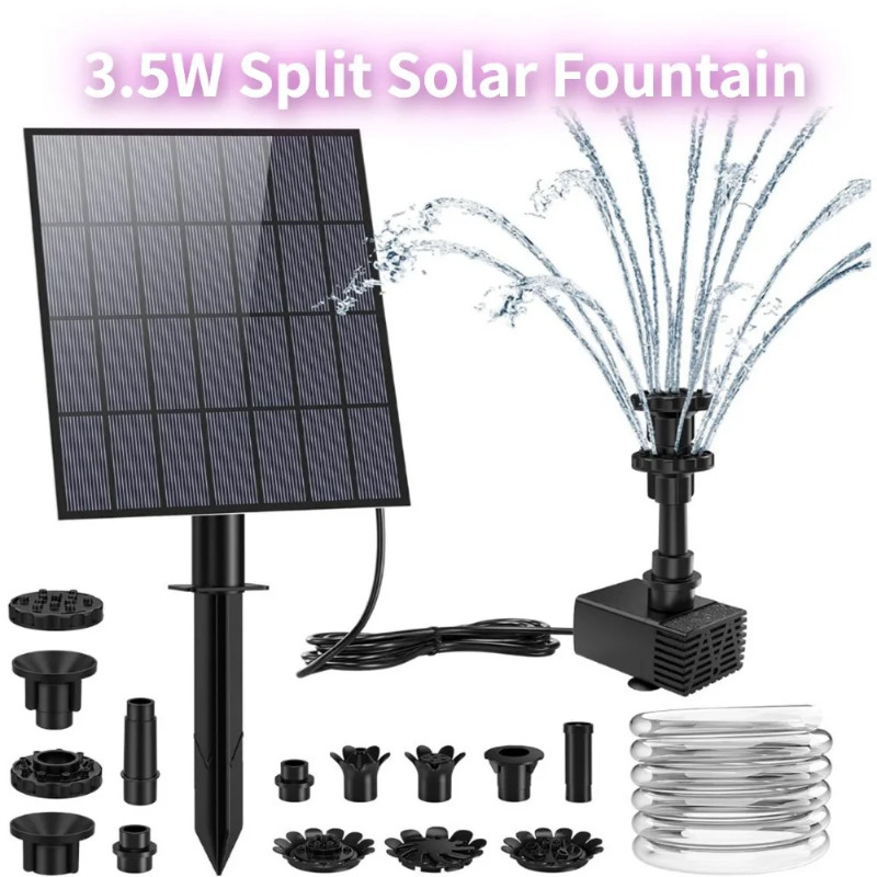 3.5W Split Solar Fountain with Multiple Nozzles DIY Solar Water Pump 4.9 Feet Water Pipe for Solar