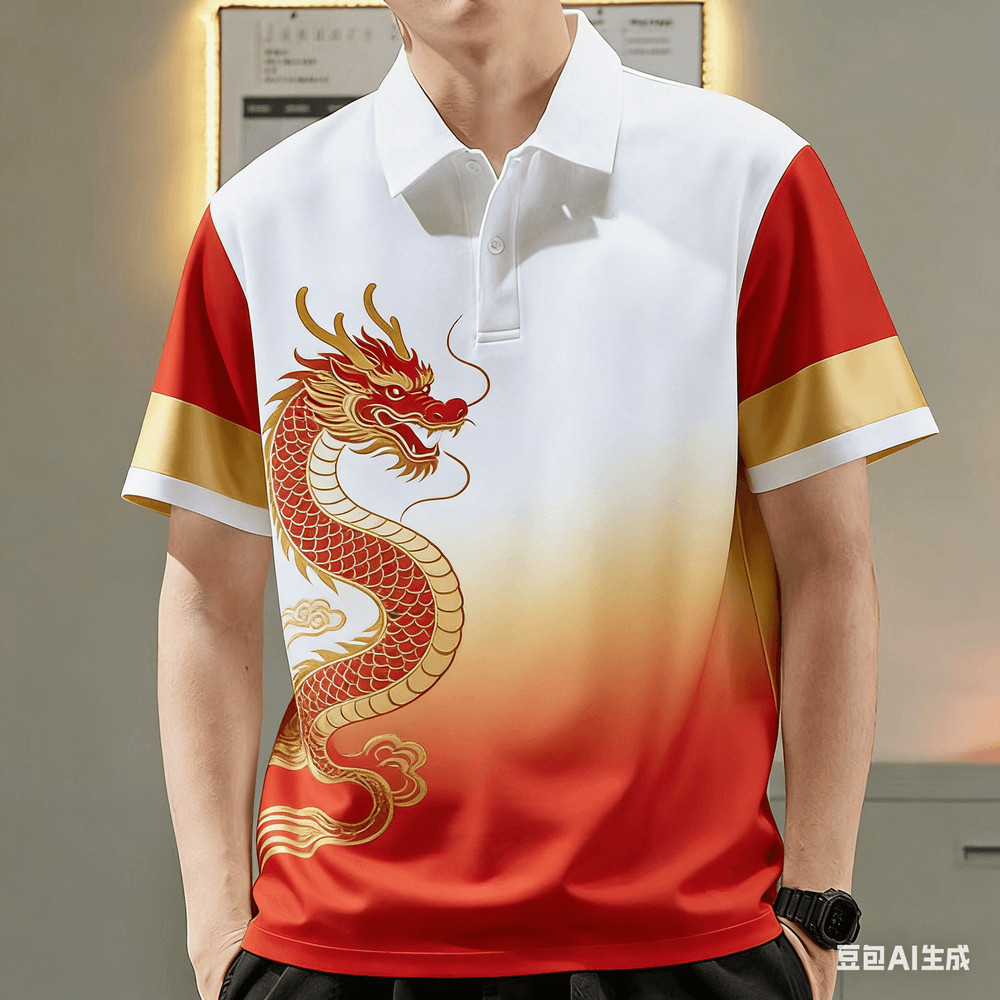 เสื้อโปโลผู้ชายลายมังกร แขนสั้น สไตล์ลำลอง สวมใส่ง่าย เหมาะสำหรับการแต่งตัวในทุกวันและสวมใส่กลางแจ้ง