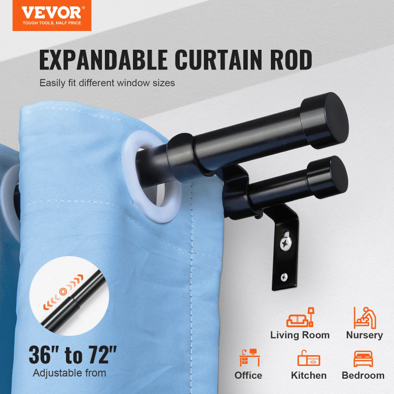 VEVOR 1 Inch Double Curtain Rods 36-72/74-144 Inches Drapery Rods for Windows 24-68/69-140 Inches T