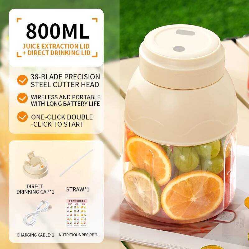 C 800Ml Electric Juicer, Rechargeable Fresh Juicer, Smoothie Maker, Vegetable Ice Blender Cup, Trav