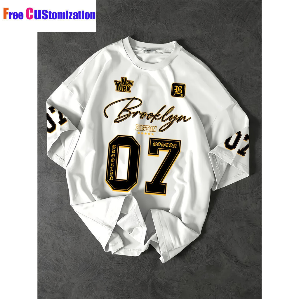 เสื้อยืด New Mens | American Street Style, "Brooklyn 07" แขนสั้นพิมพ์ลายอินเทรนด์ผ้าโพลีเอสเตอร์เนื้อนุ่ม
