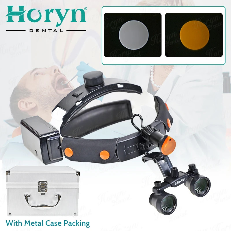 2.5X/3.5X Dental Binocular Magnifier 5W Head Light Helment Loupes with Li-on Battery 420mm Optical